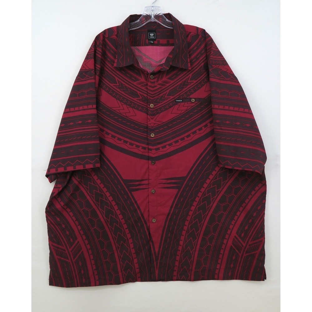 Tanoa Mens Polynesian Tribal Print Button Down Shirt Burgundy Black 5XL